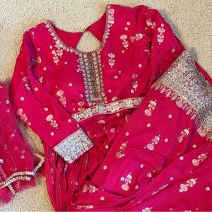 Rani Pink Sequin Banarasi Silk Heavy Partywear Salwar Gown Size Small